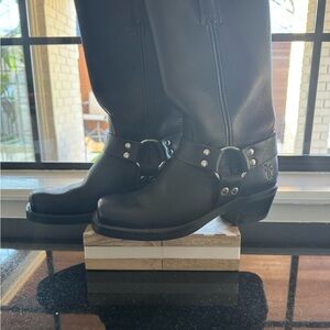 Frye Black Combat Moto Boots with Silver Harness